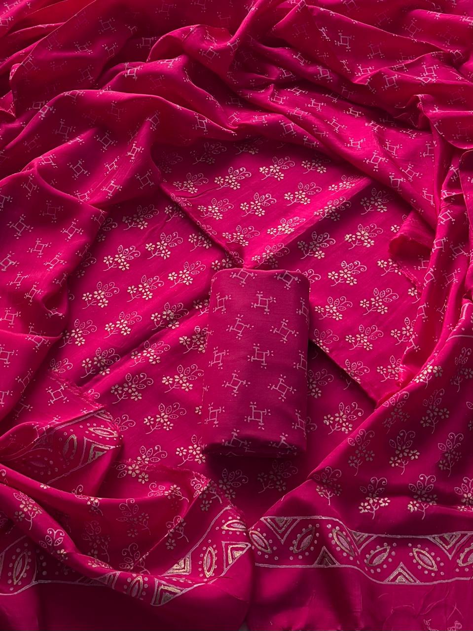 Khadi Gold Upada Silk Unstitched Suit Set with Upada Dupatta ( BSUSUD03 )