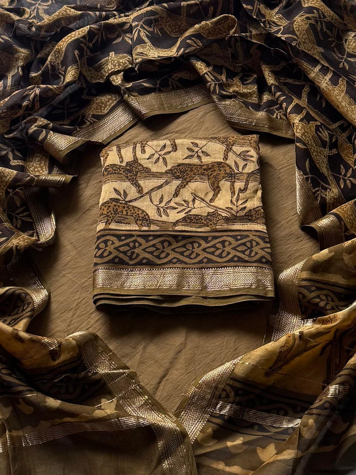 Maheshwari Silk Ajrakh Suits In Vanaspati Pomegranate Peel Dye ( BSAJ27 )