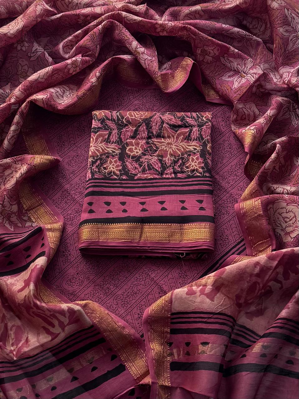 Maheshwari Silk Ajrakh Suits In Vanaspati Pomegranate Peel Dye ( BSAJ24 )