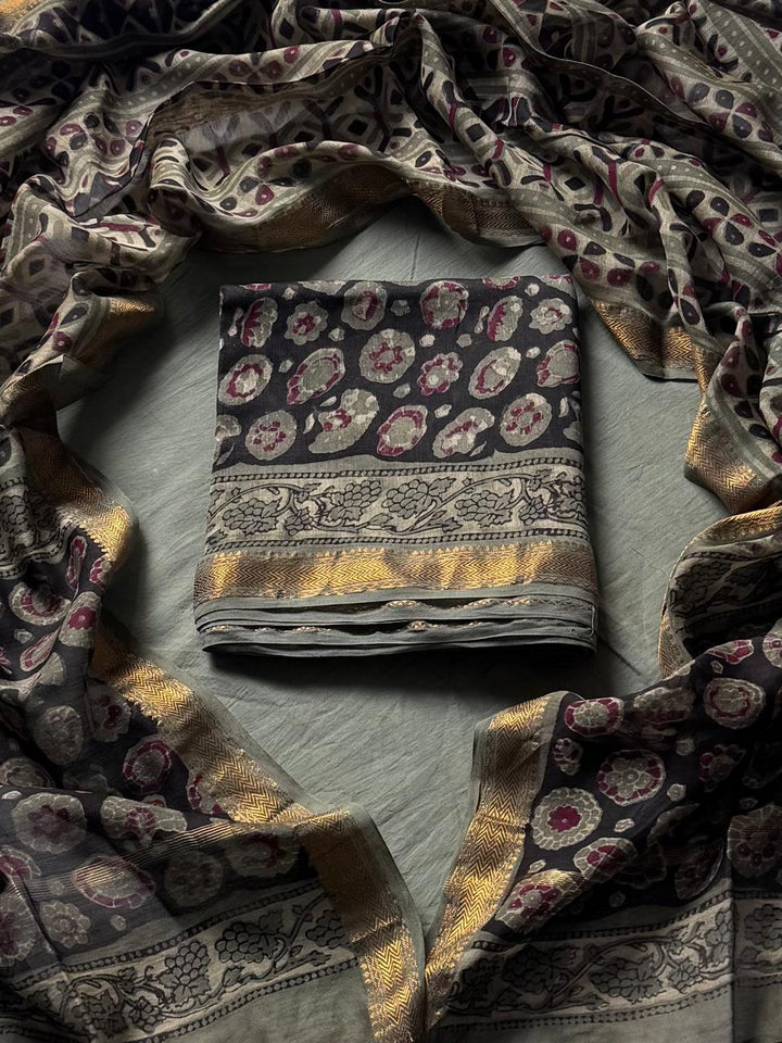 Maheshwari Silk Ajrakh Suits In Vanaspati Pomegranate Peel Dye ( BSAJ28 )