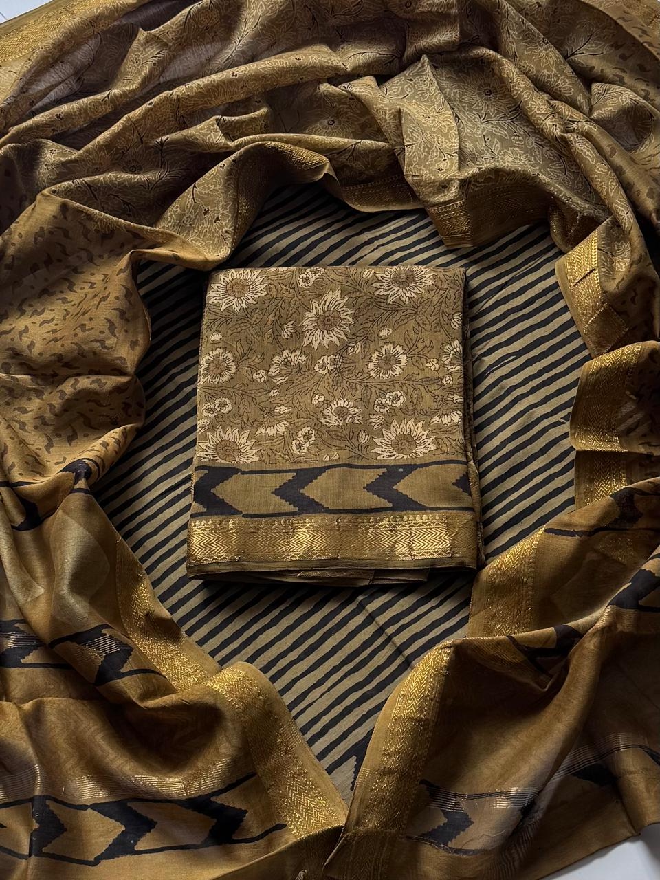 Maheshwari Silk Ajrakh Suits In Vanaspati Pomegranate Peel Dye (BSAJ33)