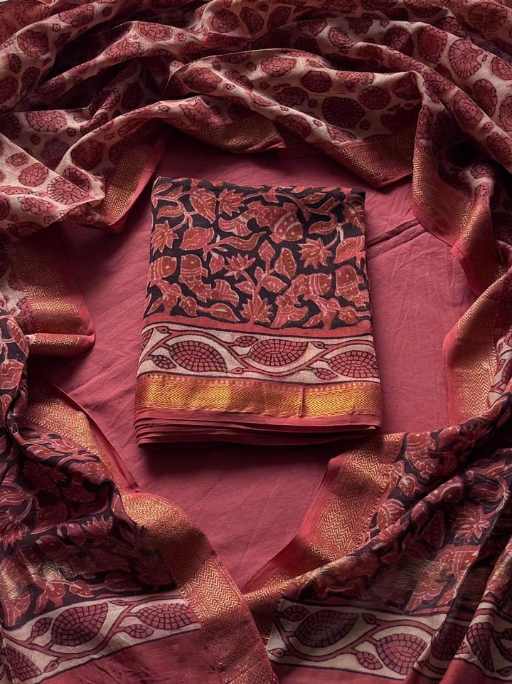 Maheshwari Silk Ajrakh Suits In Vanaspati Pomegranate Peel Dye (BSAJ37)