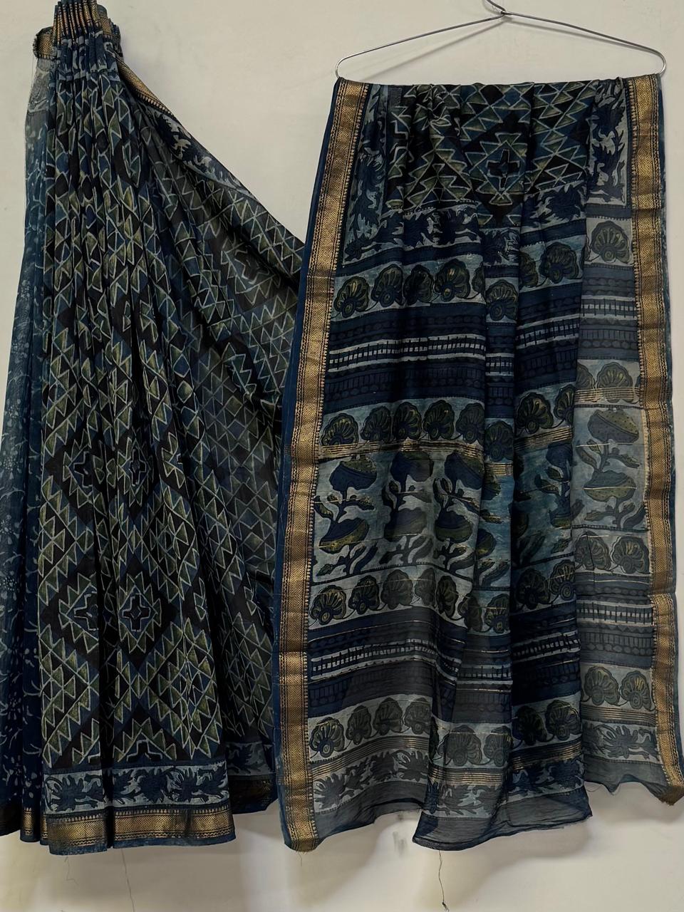 Royal Handcrafted Pomegranate Ajrakh Maheshwari Silk Saree (BSMSAJ05)