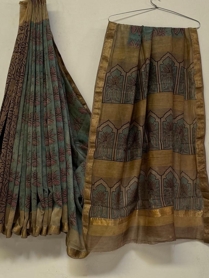 Premium Handcrafted Pomegranate Ajrakh Maheshwari Silk Saree (BSMSAJ09)