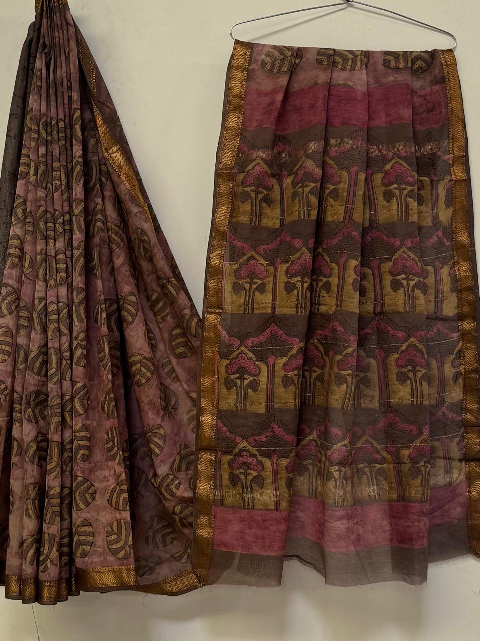Premium Handcrafted Pomegranate Ajrakh Maheshwari Silk Saree (BSMSAJ06)