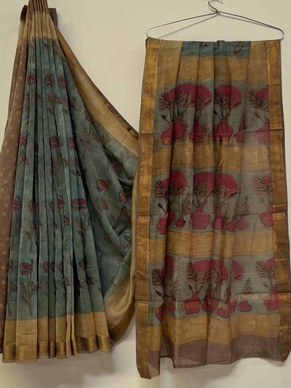 Premium Handcrafted Pomegranate Ajrakh Maheshwari Silk Saree (BSMSAJ07)