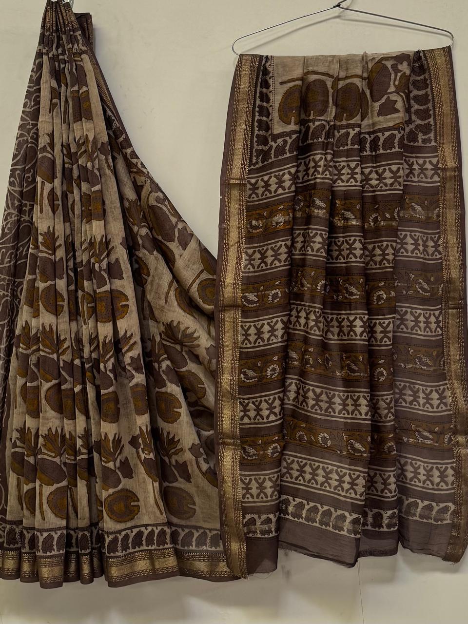 Premium Handcrafted Pomegranate Ajrakh Maheshwari Silk Saree (BSMSAJ08)