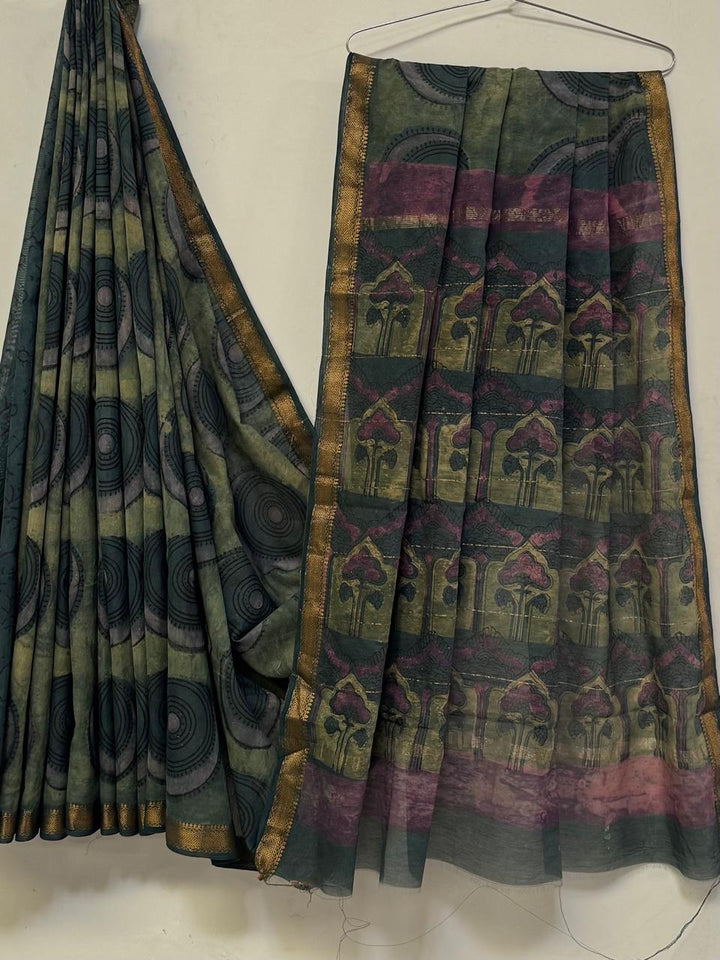 Premium Handcrafted Pomegranate Ajrakh Maheshwari Silk Saree (BSMSAJ12)