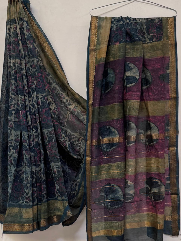 Premium Hand Block Printed Pomegranate Maheshwari Silk Ajrakh Saree (BSMSAJ16)