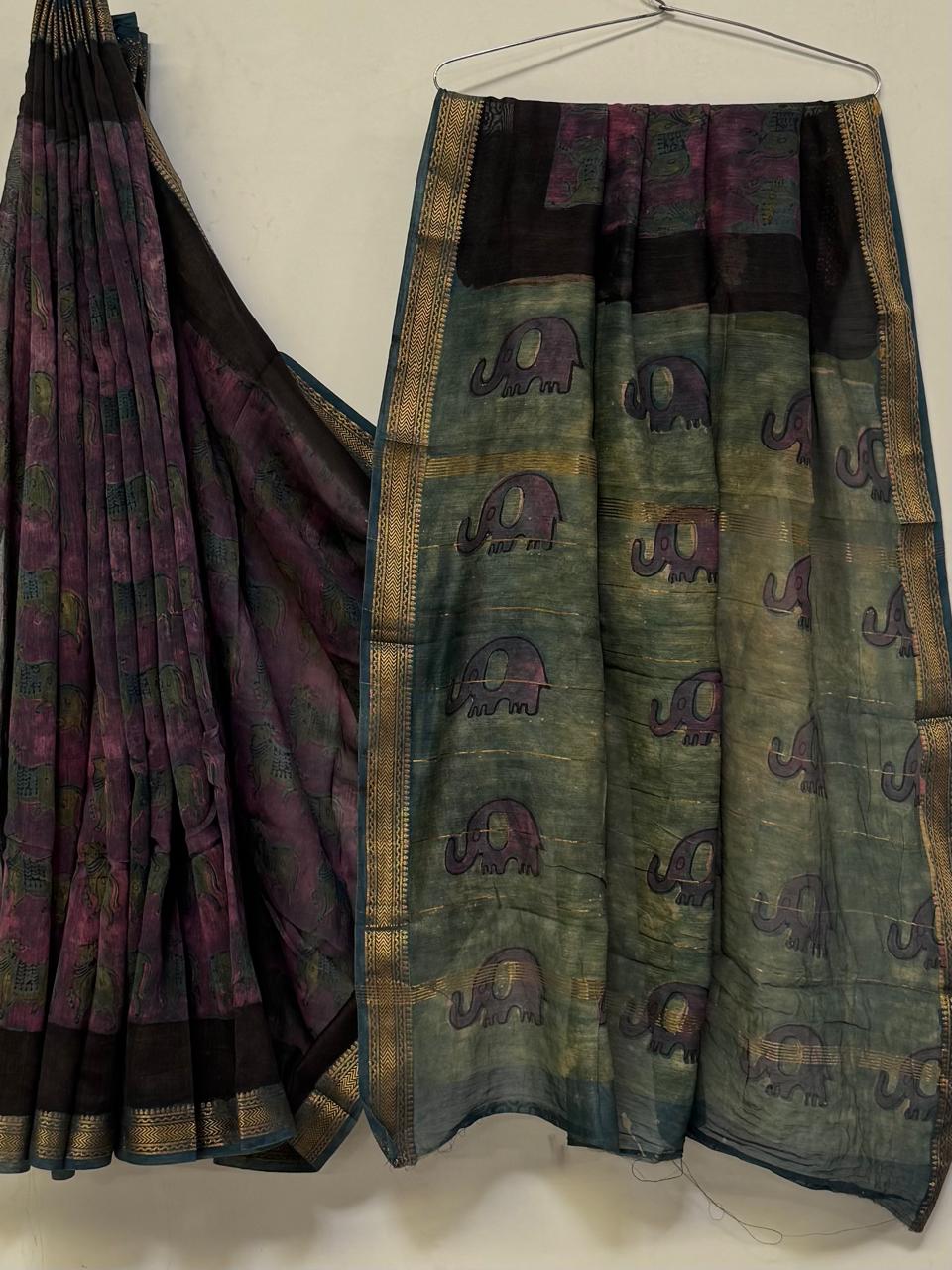 Premium Handcrafted Pomegranate Ajrakh Maheshwari Silk Saree (BSMSAJ13)
