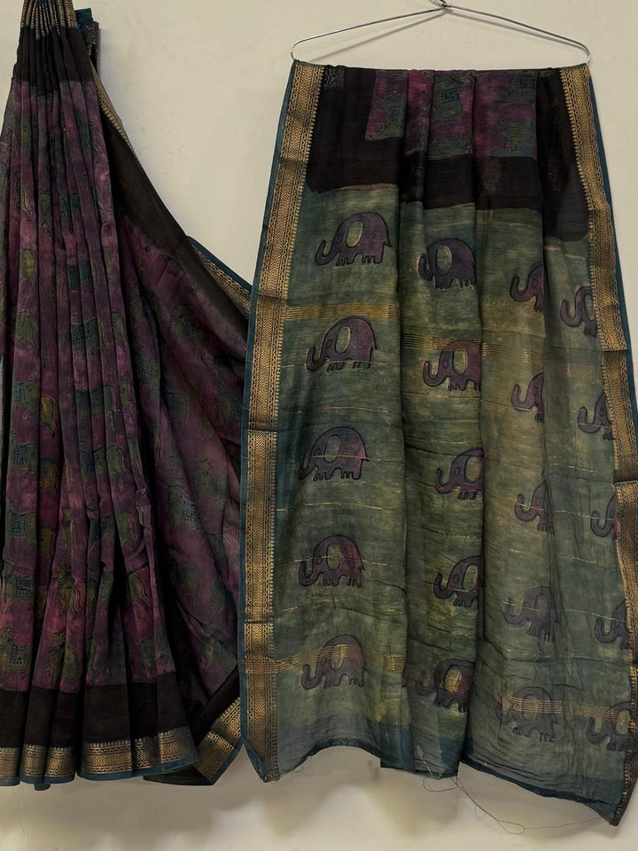 Premium Handcrafted Pomegranate Ajrakh Maheshwari Silk Saree (BSMSAJ13)