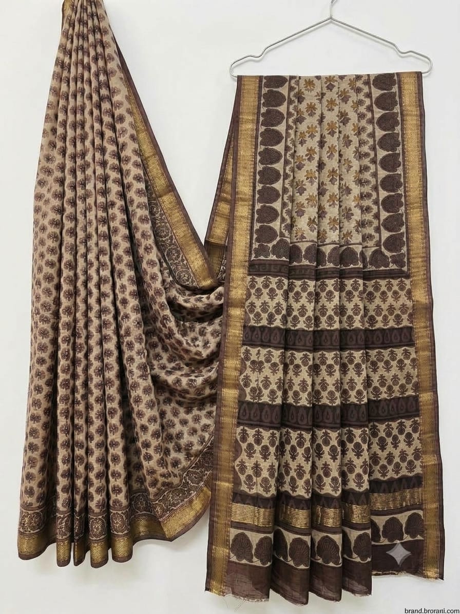 Premium Hand Block Printed Pomegranate Maheshwari Silk Ajrakh Saree (BSMSAJ19)