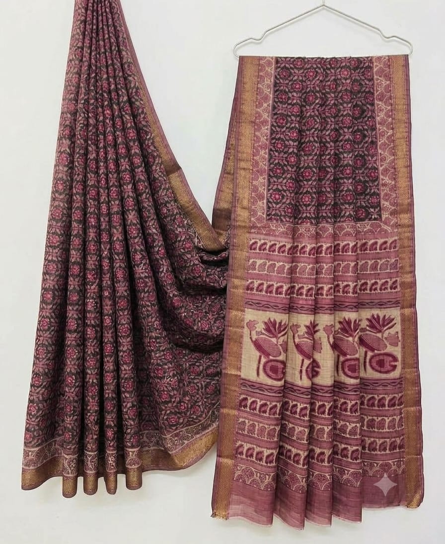 Premium Hand Block Printed Pomegranate Maheshwari Silk Ajrakh Saree (BSMSAJ17)