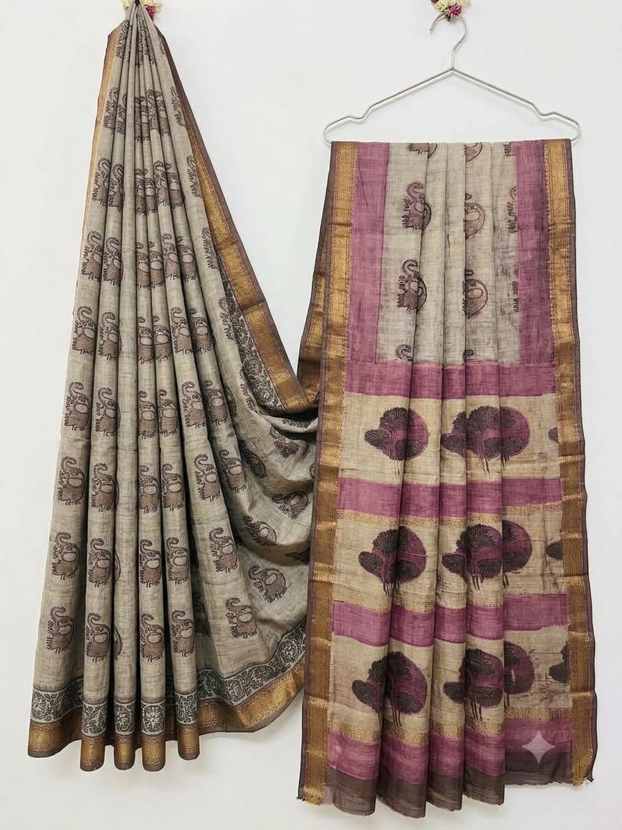 Premium Hand Block Printed Pomegranate Maheshwari Silk Ajrakh Saree (BSMSAJ18)