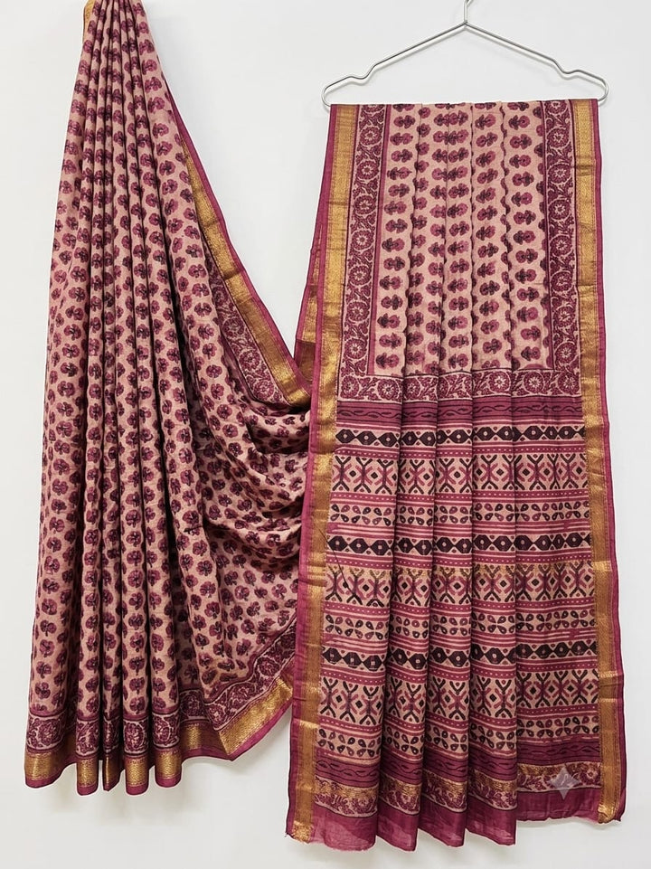 Premium Hand Block Printed Pomegranate Maheshwari Silk Ajrakh Saree (BSMSAJ20)