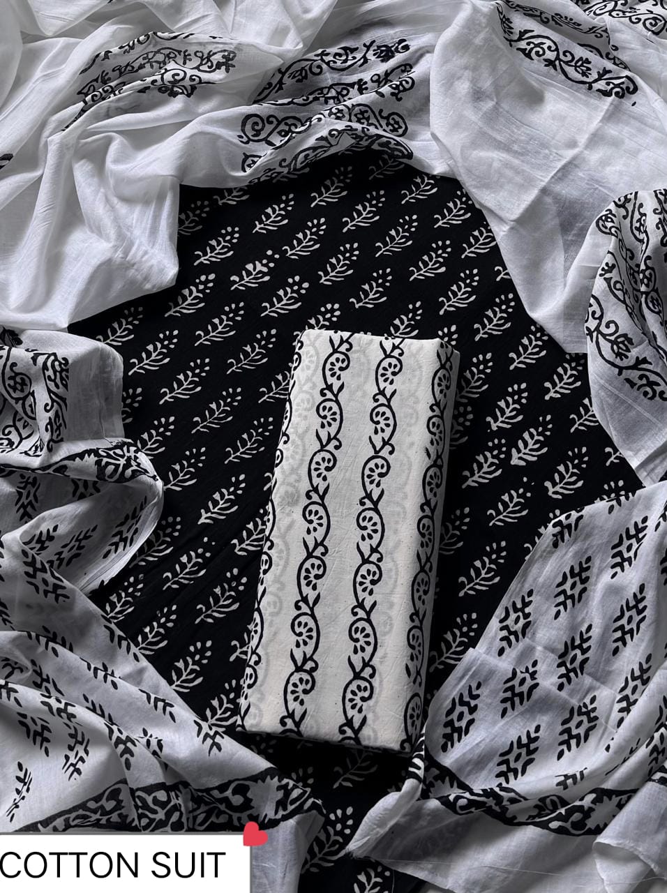 Premium Black and White Cotton Suit With Cotton Dupatta (BSCOTMU141)
