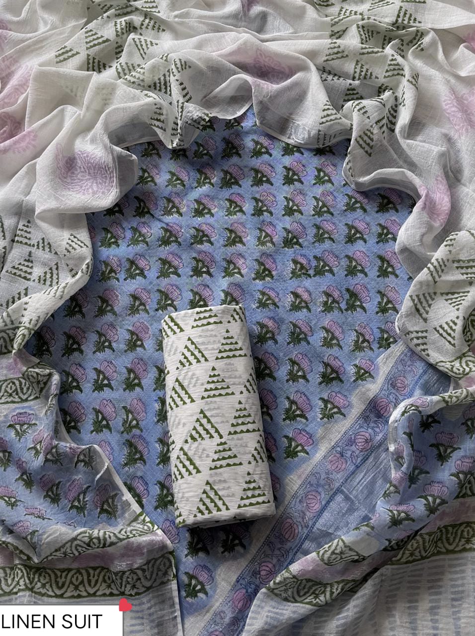 Traditional Sanganeri Printed Linen Suit With Linen Dupatta (BSLID61)