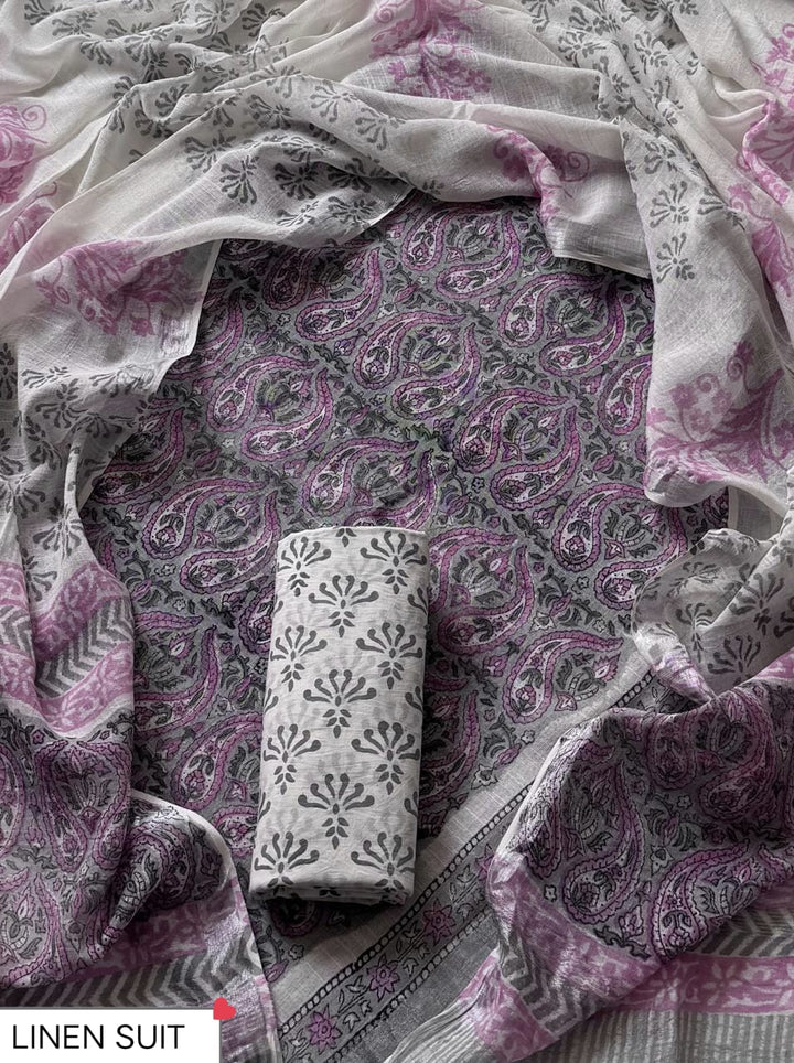 Traditional Sanganeri Printed Linen Suit With Linen Dupatta (BSLID64)