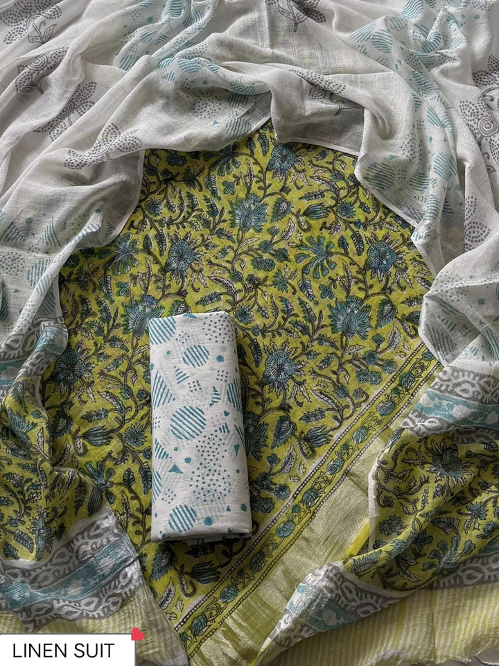 Traditional Sanganeri Printed Linen Suit With Linen Dupatta (BSLID66)