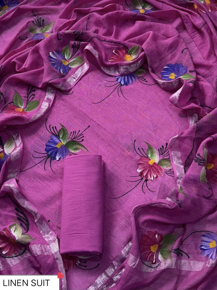 Traditional Hand Painted Linen Suit With Linen Dupatta (BSLID55)