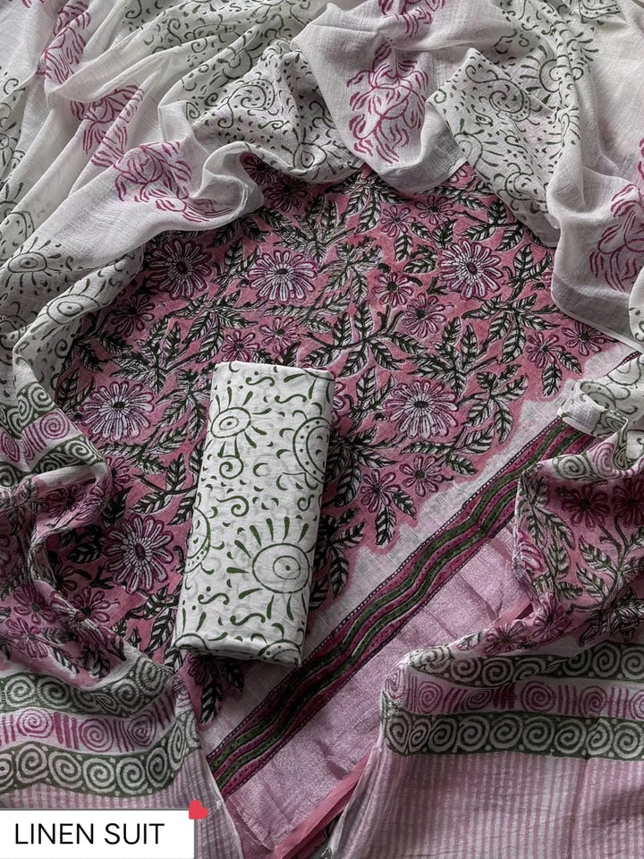 Traditional Sanganeri Printed Linen Suit With Linen Dupatta (BSLID69)