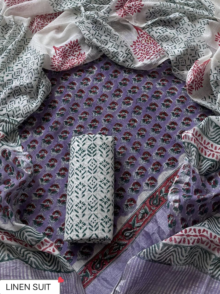 Traditional Sanganeri Printed Linen Suit With Linen Dupatta (BSLID72)