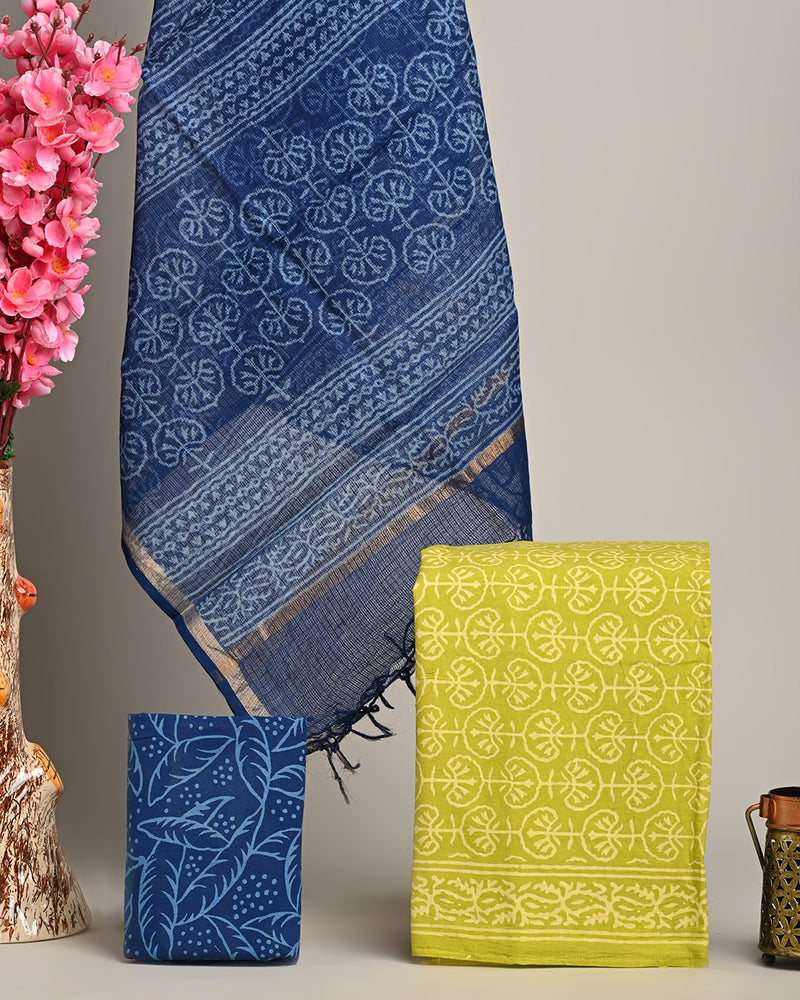 Hand Block Print Cotton Suit Sets With Kota Doria Dupatta