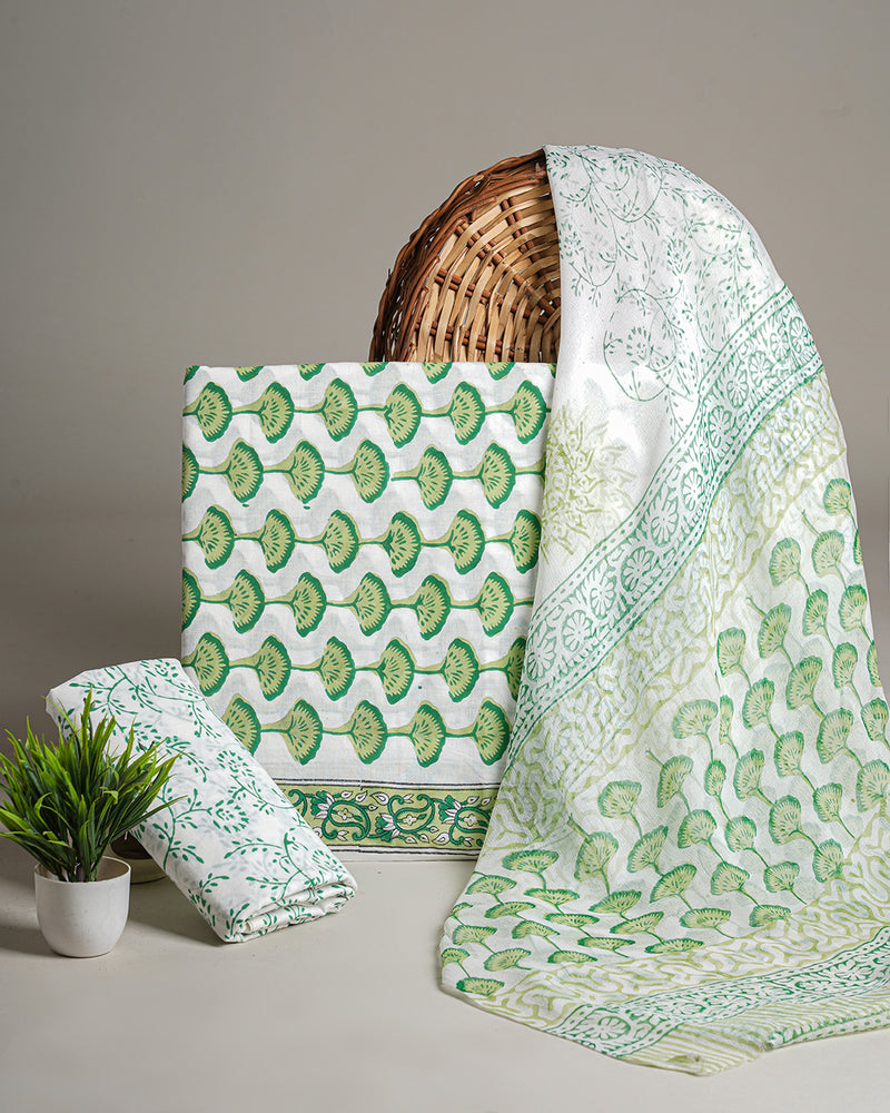 Hand Block Sanganeri Print Cotton Suit With Chiffon Dupatta