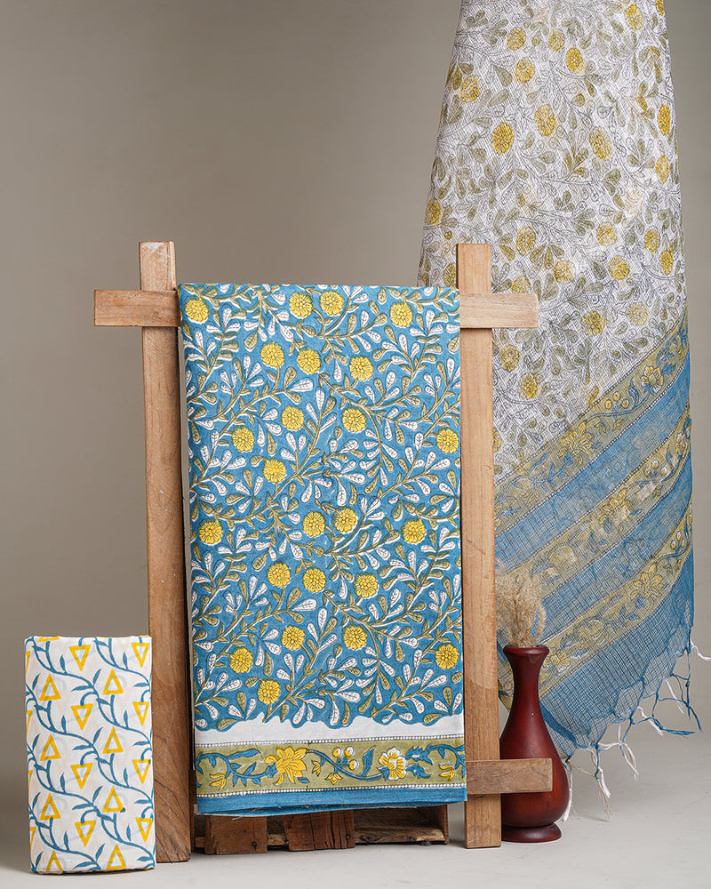 Hand Block Print Cotton Suit With Kota Doria Dupatta