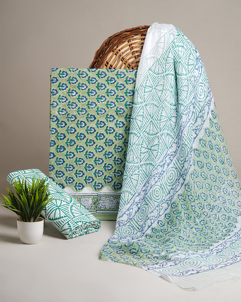 Hand Block Sanganeri Print Cotton Suit With Chiffon Dupatta