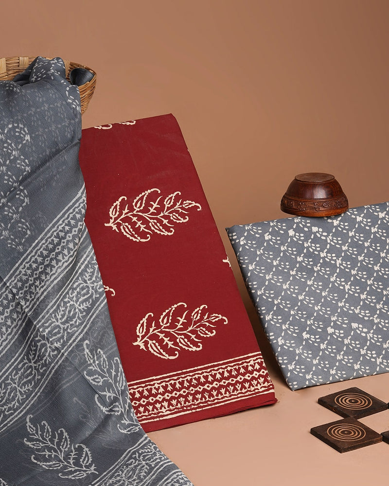 Hand Block Discharge Printed Cotton Suit With Chiffon Dupatta