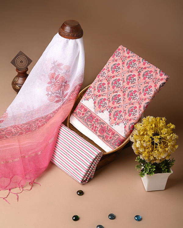 Hand Block Print Fabric, Cotton Suit With Kota Doria Dupatta