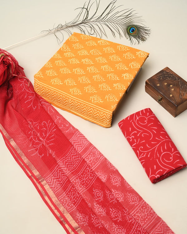 Hand Block Print Cotton Suit Sets With Kota Doria Dupatta