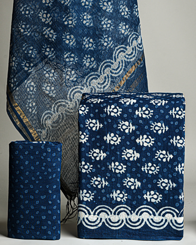 Dabu Print Cotton Suit With Kota Doria Dupatta