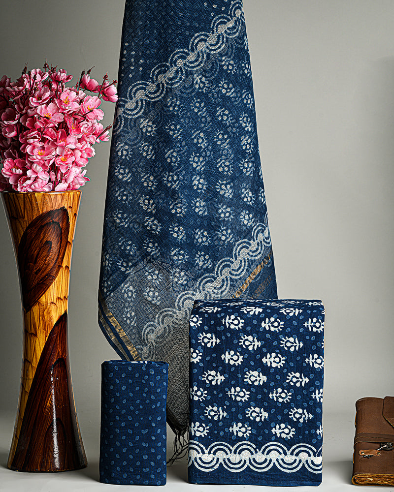 Dabu Print Cotton Suit With Kota Doria Dupatta