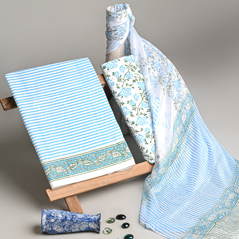 Hand Block Sanganeri Print Cotton Suit With Chiffon Dupatta