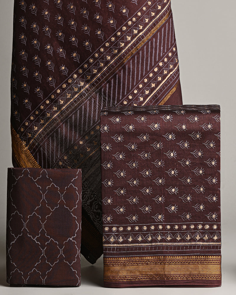 Gold And Khadi Print Maheshwari Silk Suit