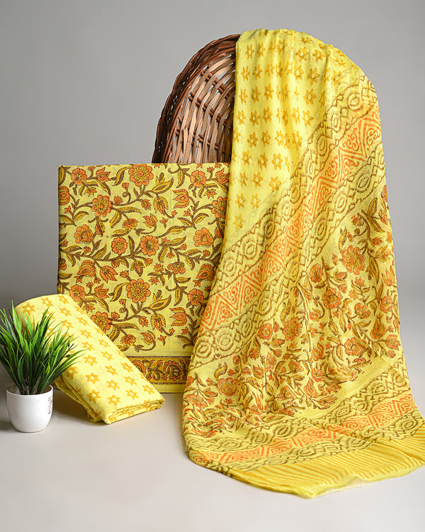 Premium Hand Block Sanganeri Print Cotton Suit With Chiffon Dupatta(BSCOTCH26)