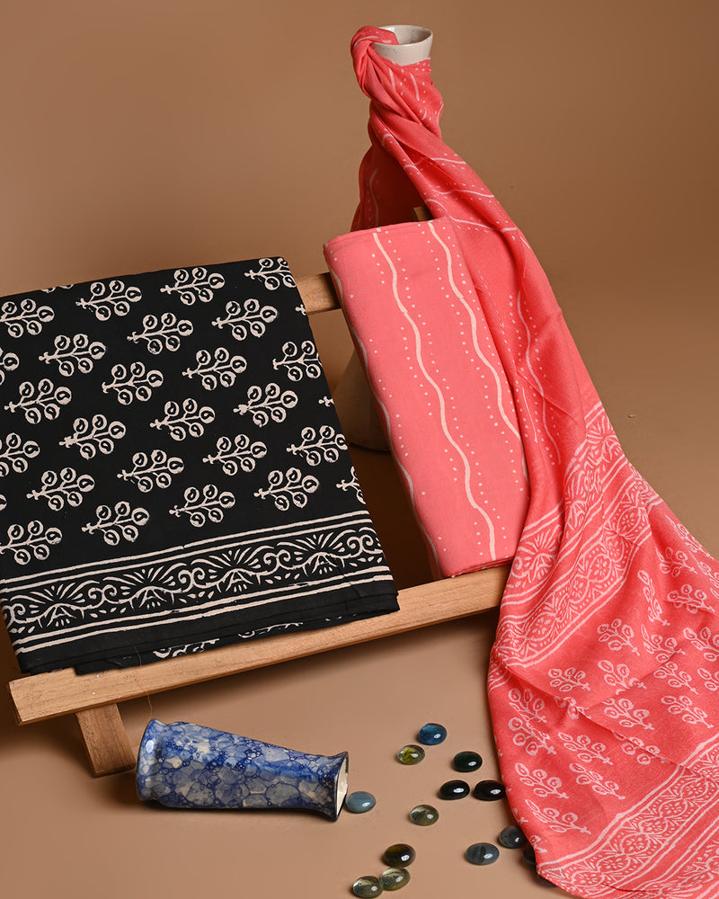 Hand Block Print Cotton Suit With Chiffon Dupatta