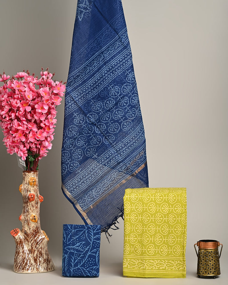 Hand Block Print Cotton Suit Sets With Kota Doria Dupatta