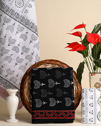 Classy Black And White Print Cotton Suit With Mulmul Dupatta (BSCOTMU33)