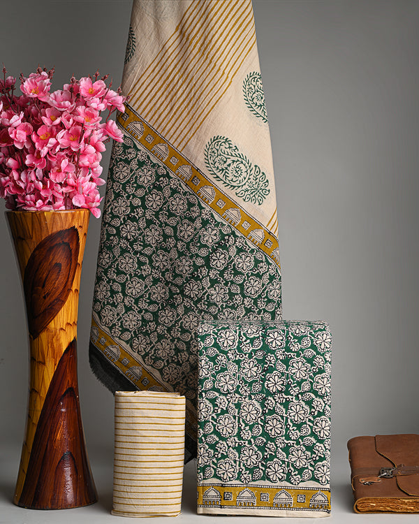 Hand Block Printed Cotton Suit With Cotton Dupatta