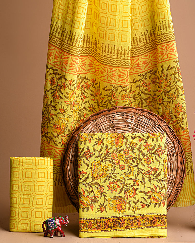 Hand Block Printed Cotton Suit With Cotton Dupatta