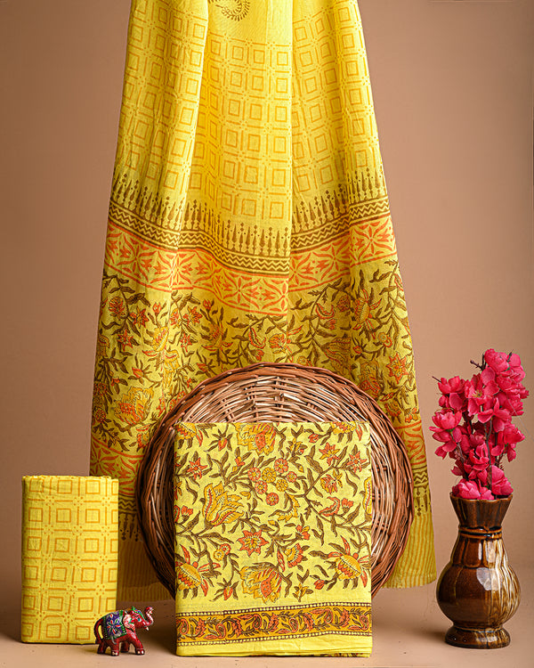 Hand Block Printed Cotton Suit With Cotton Dupatta