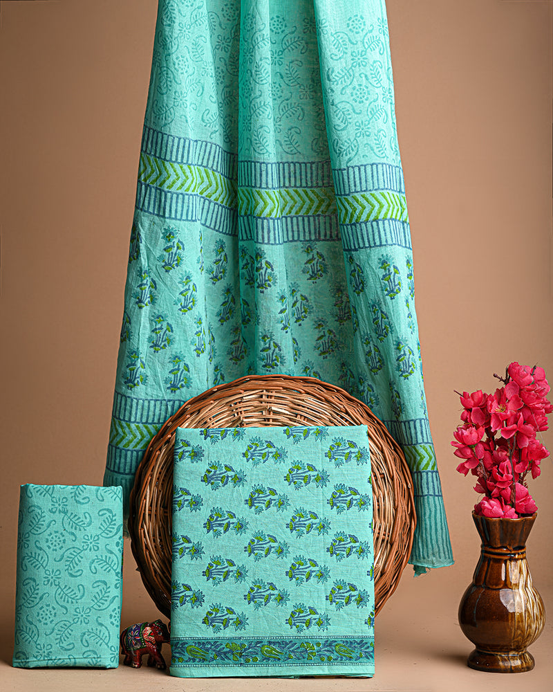 Hand Block Printed Cotton Suit With Cotton Dupatta