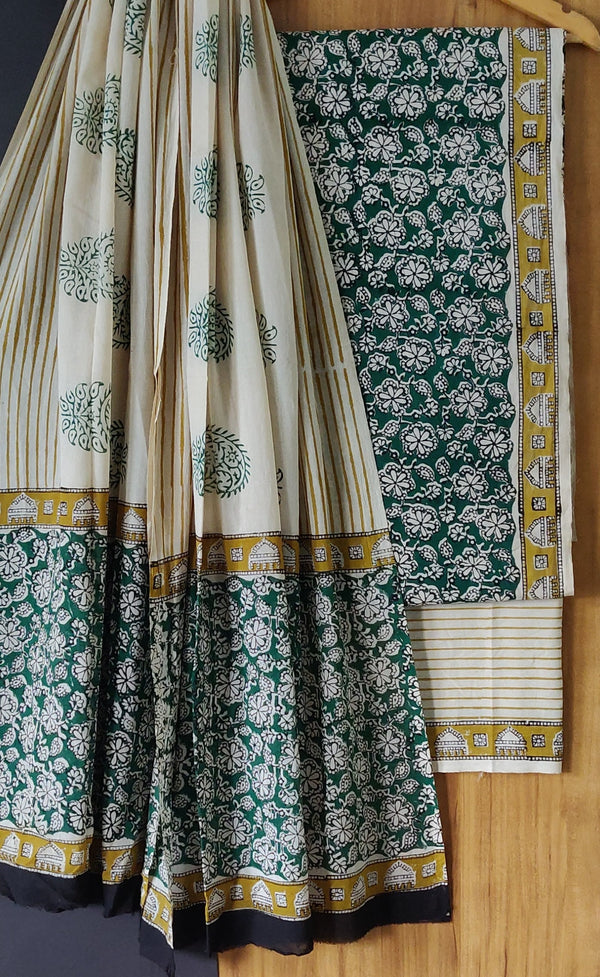 Hand Block Printed Cotton Suit With Cotton Dupatta