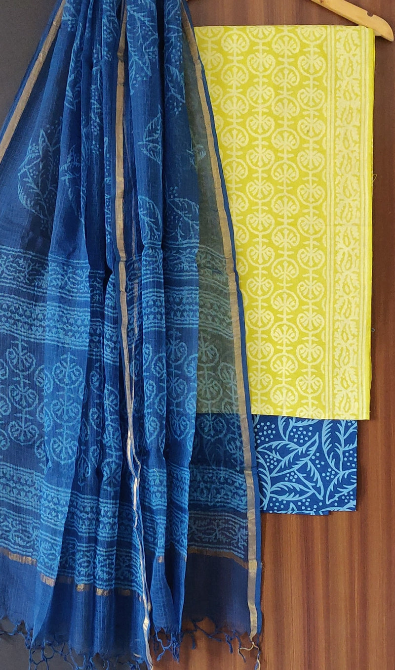 Hand Block Printed Cotton Suit With Kota Doria Dupatta