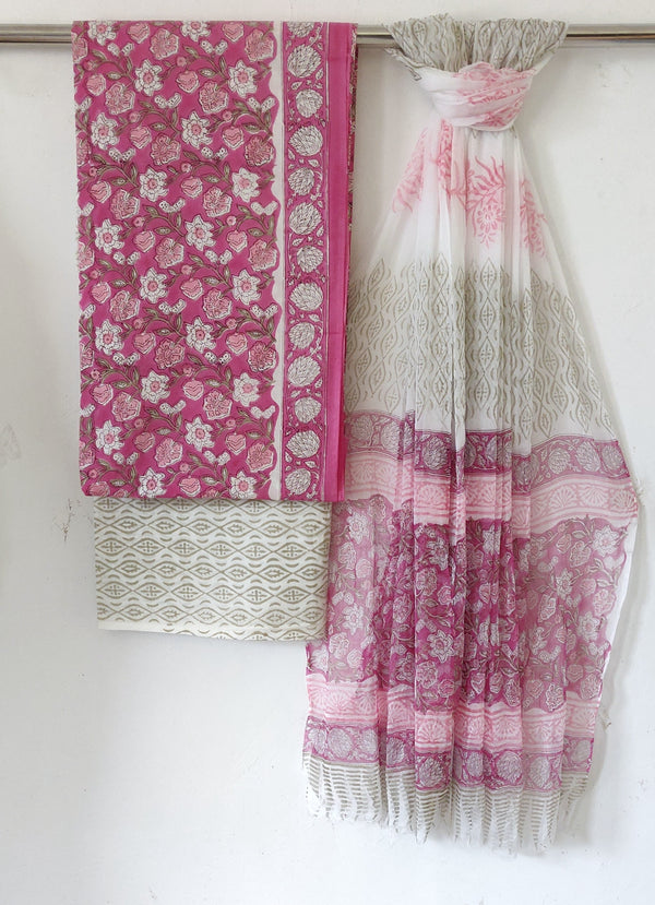 Hand Block Sanganeri Print Cotton Suit With Chiffon Dupatta