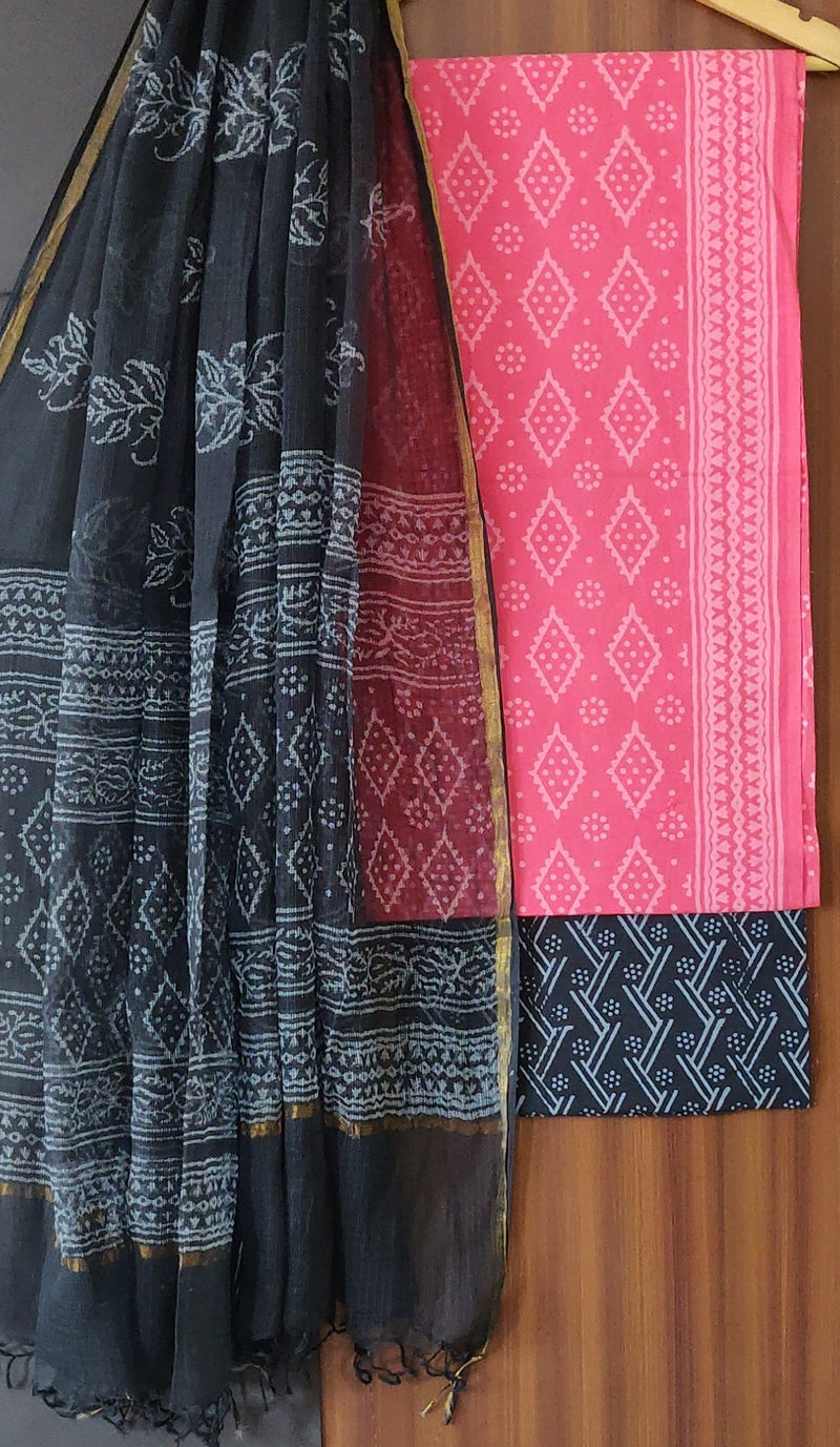 Hand Block Print Cotton Suit Sets With Kota Doria Dupatta