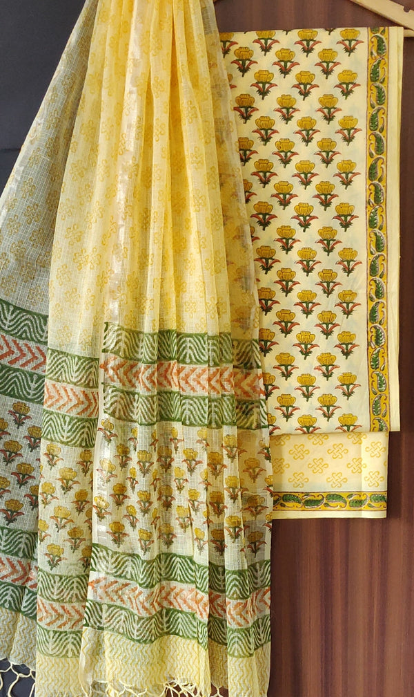 Hand Block Print Fabric, Cotton Suit With Kota Doria Dupatta